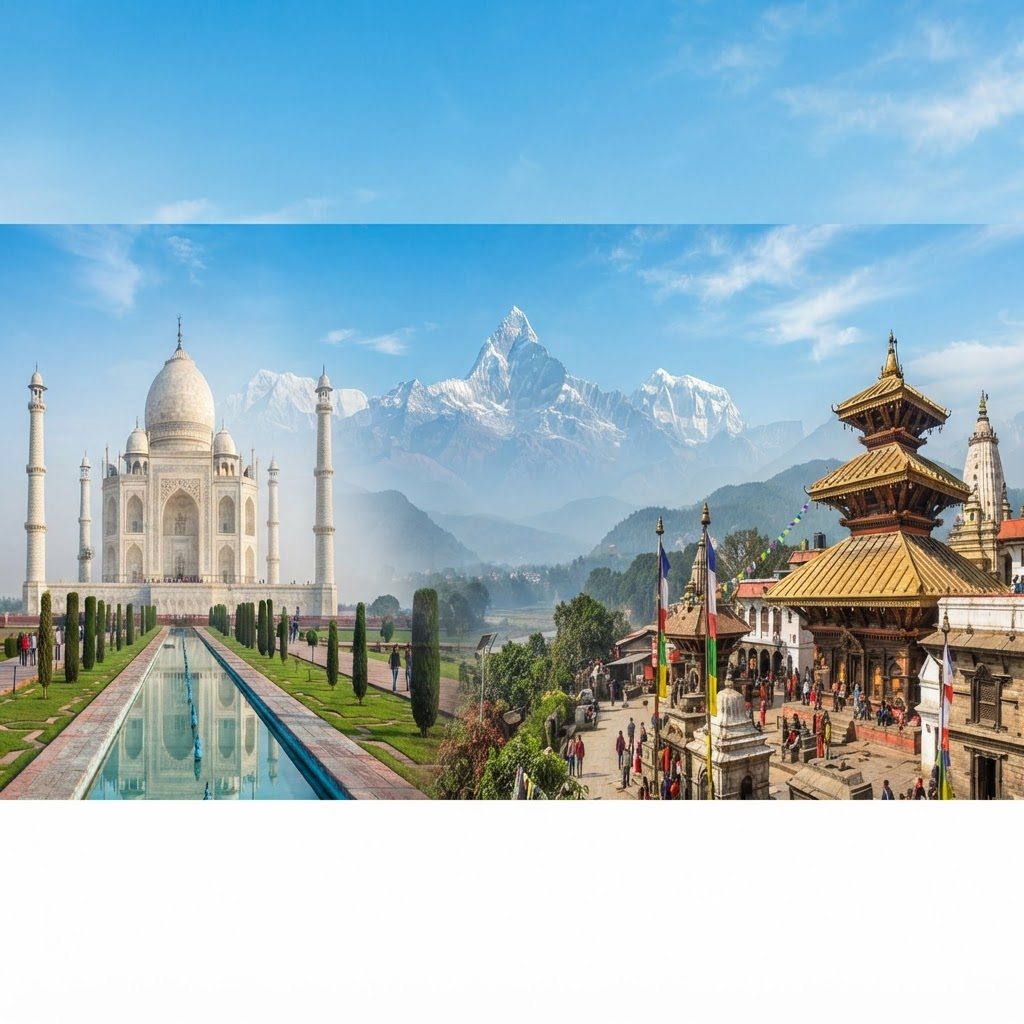 Composite view of the Taj Mahal, the Himalayas and a traditional Nepali temple